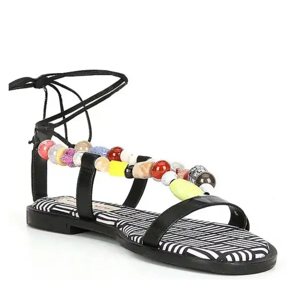 New Antonio Melani Beaded Leather Flat Sandals Sz 8